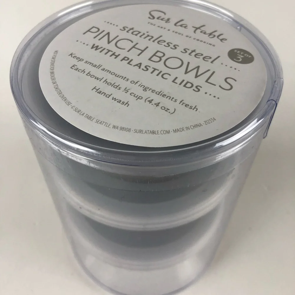 Sur La Table Set of 3 Stainless Steel Pinch Bowls w Lids Cooking Chef NIB